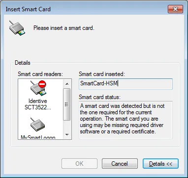 Error dialog: A smart card was detected but is not the one required