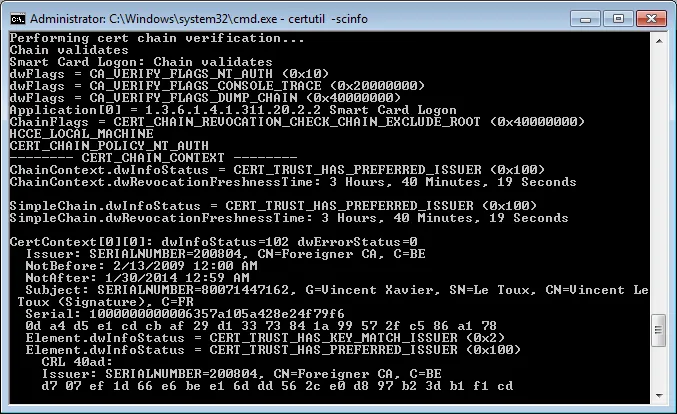 certutil -scinfo chain validates