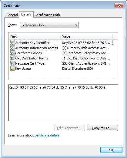 Extended Key Usage - valid Smart Card Logon